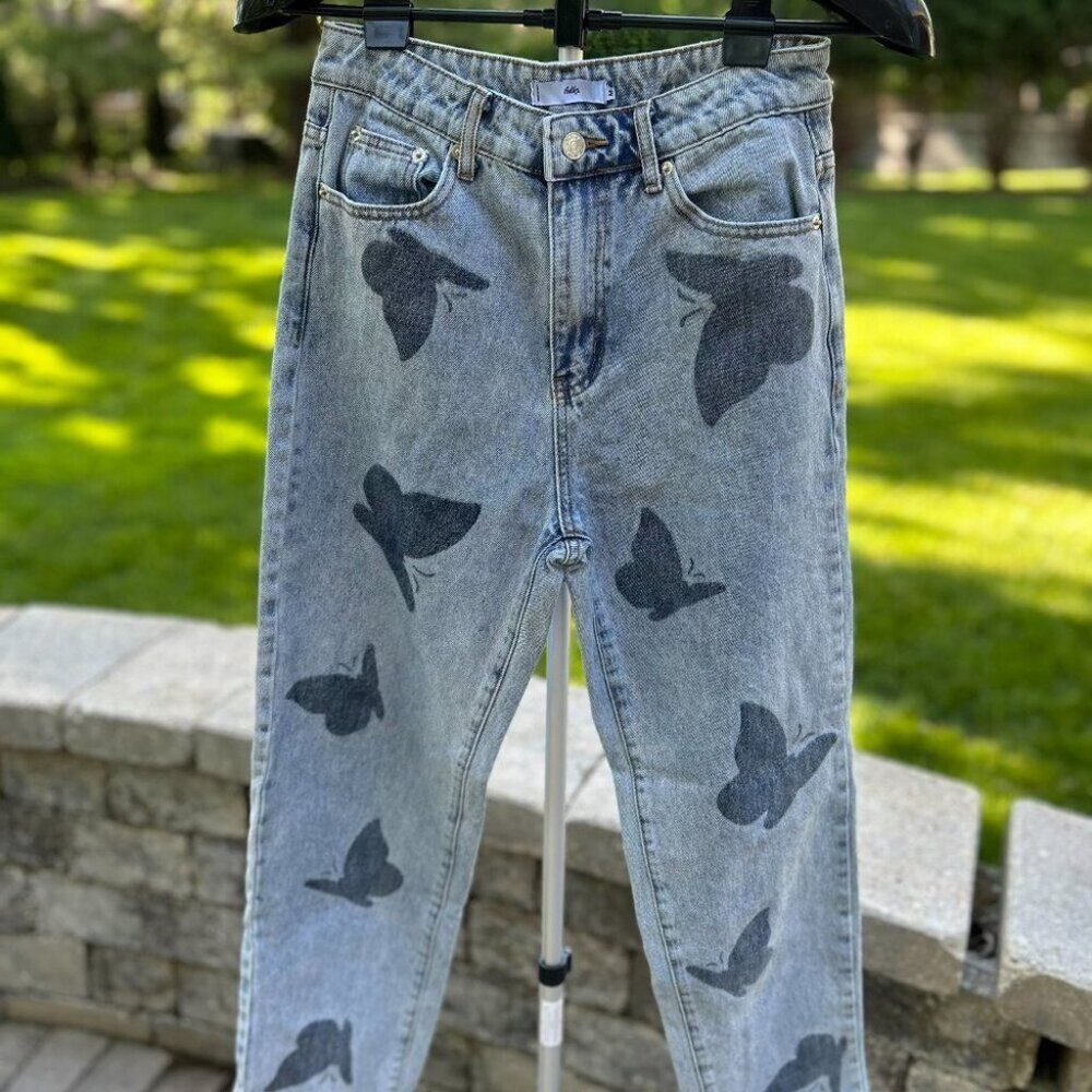 NWOT Y2K Boho Adika Butterfly Print High Waisted Jeans M - Picture 7 of 14